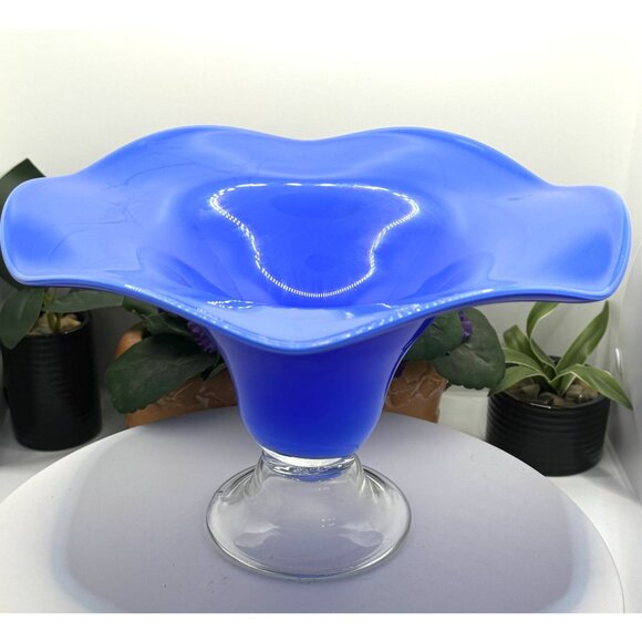 Vintage Blue Blown Glass Pedestal Compote Bowl With Clear Stem - Picture 3 of 9